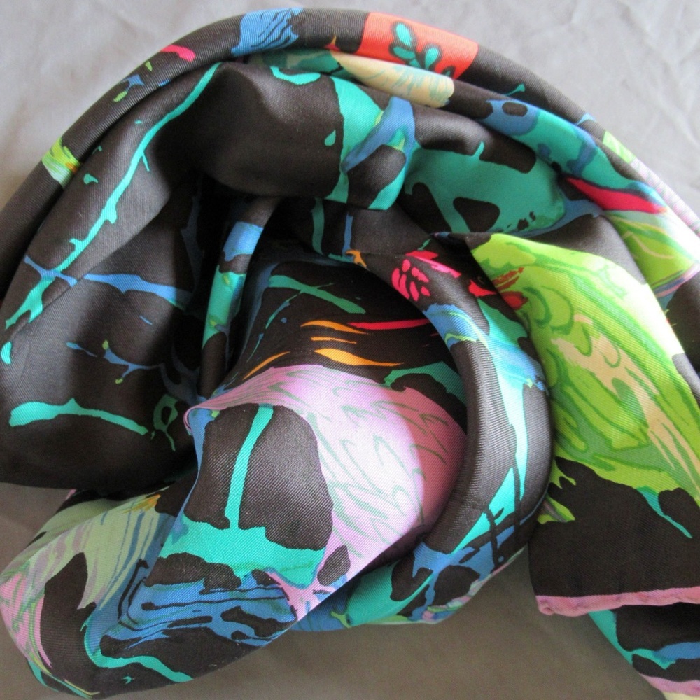 Vintage Ken Scott Scarf Womens Silk Dark Tropical Jungle Birds Novelty Colorful - Picture 7 of 15